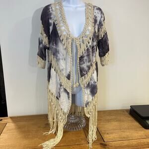 LOVE J Tie Dye XL Fringe Womens Tie Cardigan Festival Boho Layers Crochet Blue
